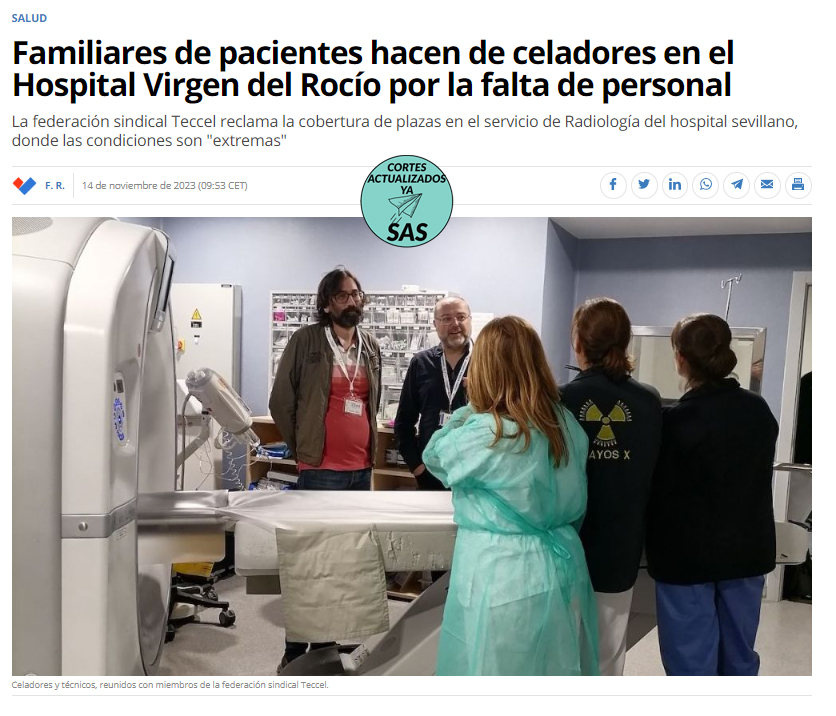 ActualizadosYa's tweet photo. 📢El Hospital Virgen del Rocío en situación crítica por la falta de celadores
❌@JuanMa_Moreno Y @LinaGarcia_AND dicen que hay mas sanitarios que en 2018 con el presupuesto mas grande invertido en Andalucia
❗️Pero los familiares de los pacientes estan haciendo de celadores... https://t.co/94H2AC7nZn