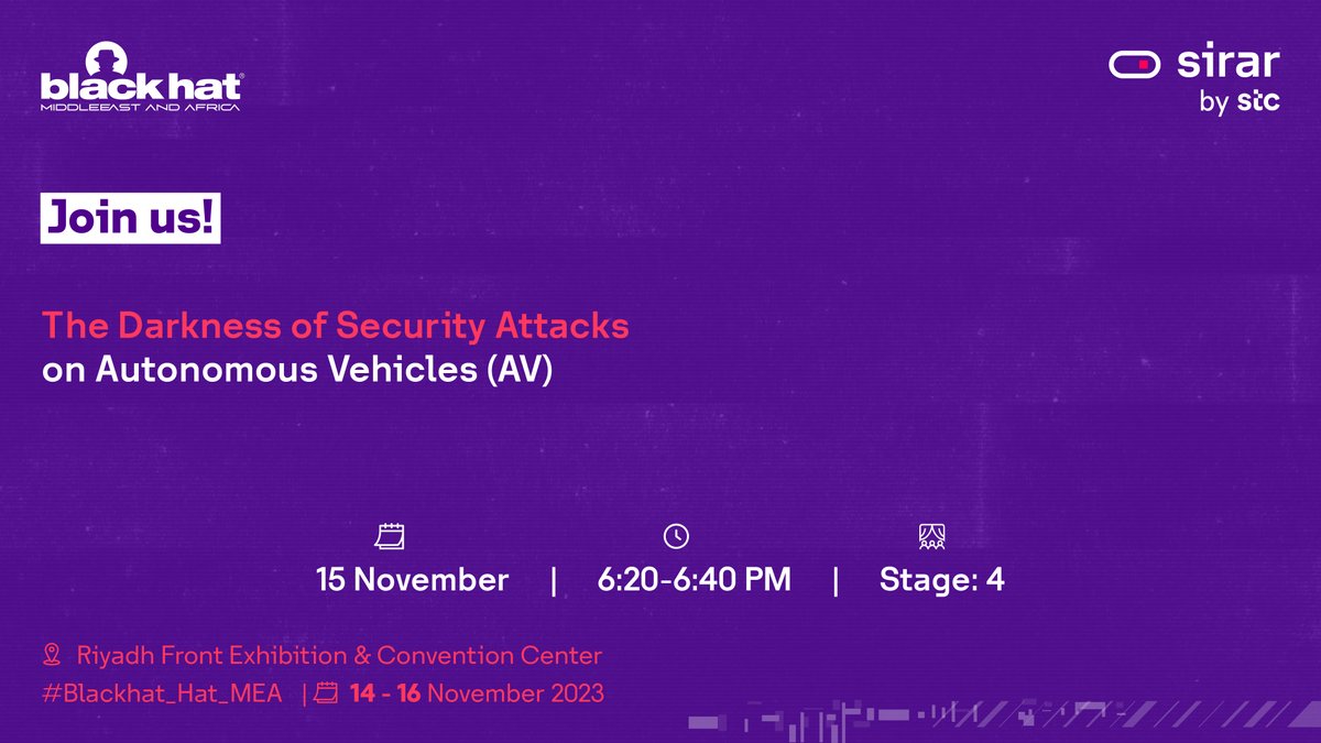 sirar_bystc's tweet photo. For cybersecurity enthusiasts!
Don’t miss out on “The Darkness of Security Attacks on Autonomous Vehicles (AV)” workshop that will take place on November 15th at #BHMEA23.
#Cybersecurity_In_Excellence https://t.co/m278IZZI25