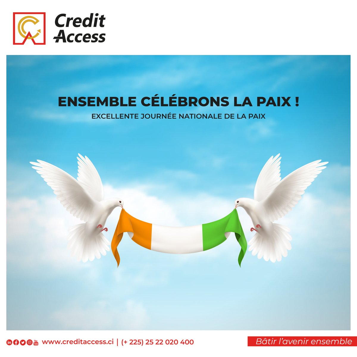 creditaccess_sa's tweet photo. [ #JOURNEEDELAPAIX] 

🇨🇮 🕊️🙏🏾🧡🤍💚

Notre pays, la Côte d’ivoire célèbre ce 15 novembre 2023 la 𝗝𝗼𝘂𝗿𝗻𝗲́𝗲 𝗡𝗮𝘁𝗶𝗼𝗻𝗮𝗹𝗲 𝗱𝗲 𝗹𝗮 𝗣𝗮𝗶𝘅.

CREDIT ACCESS souhaite à toutes et à tous, une excellente célébration et vous invite à toujours œuvrer pour consolider cette pa https://t.co/FUEoCfMD6W
