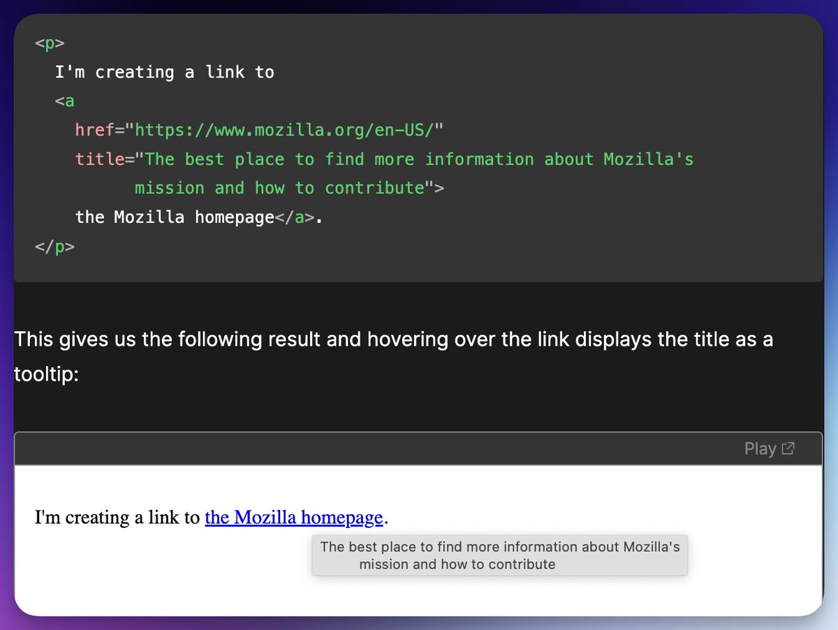 pgofcode's tweet image. MDN's developer course is excellent. Their lessons prioritize how things are done in real-life development. I am reading them to expand my knowledge of the fundamentals.

TIL you can add a `title` attribute to &amp;lt;a&amp;gt; elements. The value is displayed on hover
developer.mozilla.org/en-US/docs/Lea…