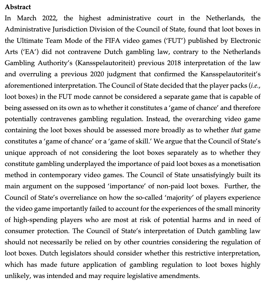 Leon Xiao (@leonxiaoy) on Twitter photo Our critique of the Dutch court’s judgment. 🇳🇱
#LootBoxes should be scrutinised on their own, and focusing on the so-called “majority” of players ignores the experience of the minority of vulnerable players.
<a href="/PieterjanDec/">Pieterjan Declerck</a> <a href="/gameable_youth/">GAM(e)(a)BLE</a> <a href="/gaminglawrev/">Gaming Law Review</a>
bit.ly/47n14ny Our critique of the Dutch court’s judgment. 🇳🇱
#LootBoxes should be scrutinised on their own, and focusing on the so-called “majority” of players ignores the experience of the minority of vulnerable players.
<a href="/PieterjanDec/">Pieterjan Declerck</a> <a href="/gameable_youth/">GAM(e)(a)BLE</a> <a href="/gaminglawrev/">Gaming Law Review</a>
bit.ly/47n14ny