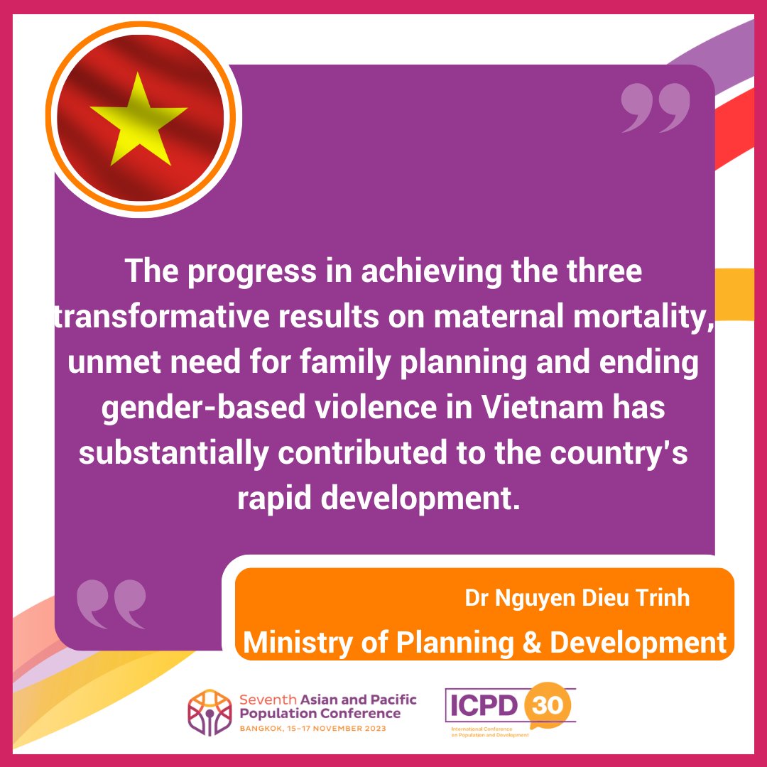 unfpa_vietnam's tweet image. The government🇻🇳will continue to fully engage with the UN system, esp. our partnerships with @unfpa_vietnam to realize #SDGs targets in population &amp;amp; development, sexual &amp;amp; reproductive health, gender equality &amp;amp; youth development, said Dr. Nguyen Dieu Trinh at #APPC7.
#ICCP30