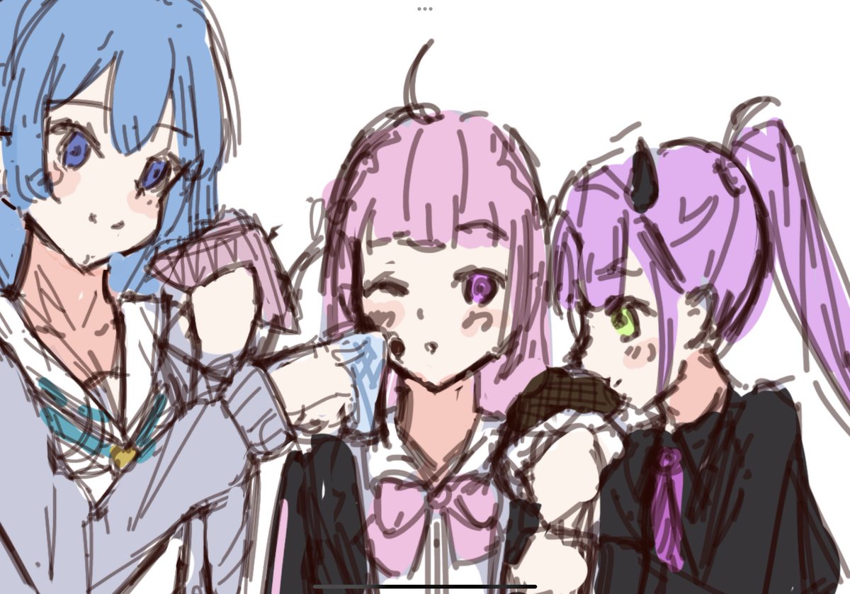 hoshimachi suisei ,minato aqua ,tokoyami towa 3girls multiple girls blue hair purple hair sketch pink hair blue eyes  illustration images
