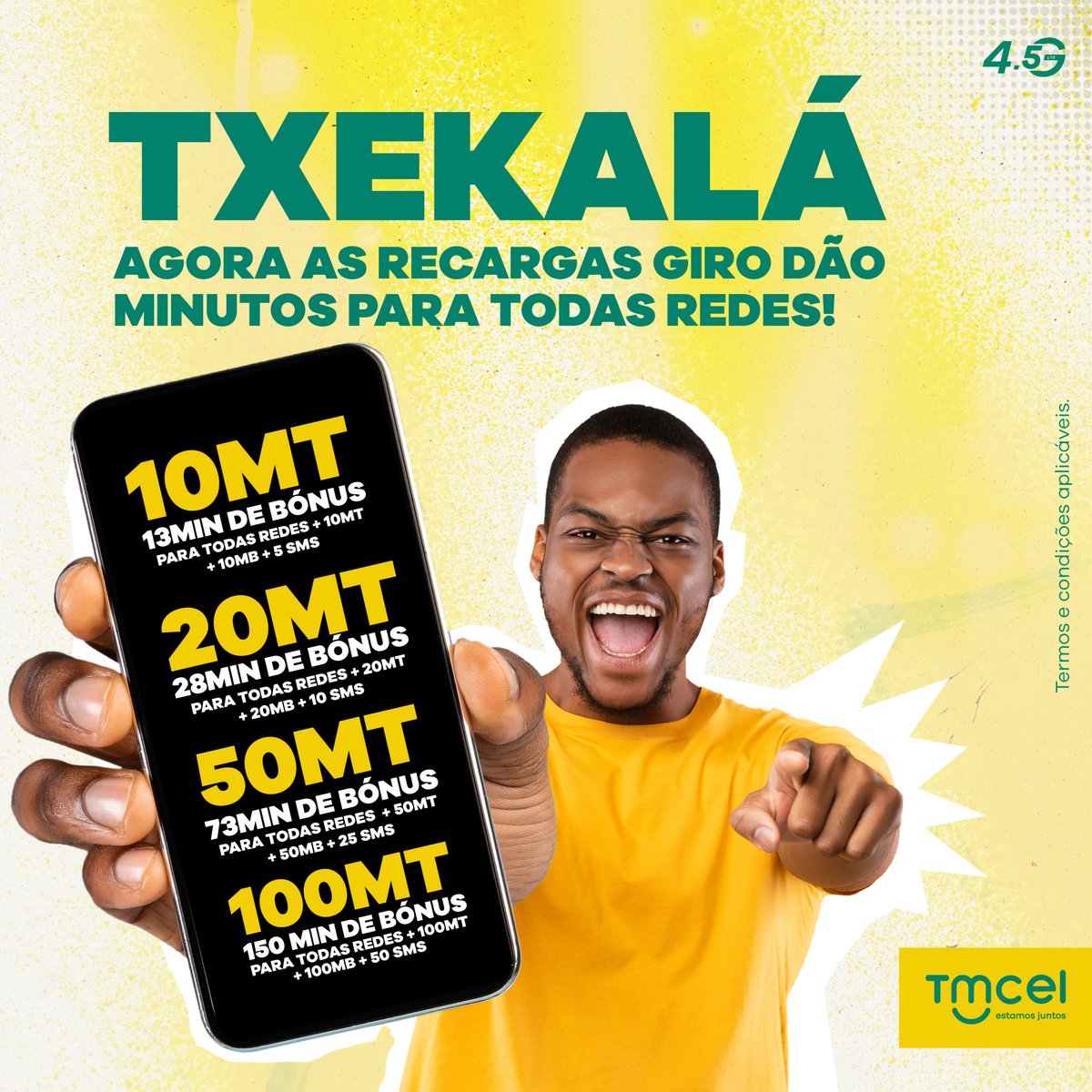 Tmcel_mz's tweet photo. Fala mais com as Recargas Giro!
Agora as Recargas Giro de 10, 20, 50 e 100 oferecem-te mais MINUTOS para falares à vontade para TODAS REDES e ainda Megas e SMS.
Recarrega já e fala sem parar.
Sabe mais em: https://t.co/0cwnGh4kYZ
#RecargasGIRO
#Tmcel #LTE #EstamosJuntos https://t.co/PGBc6MDn1y