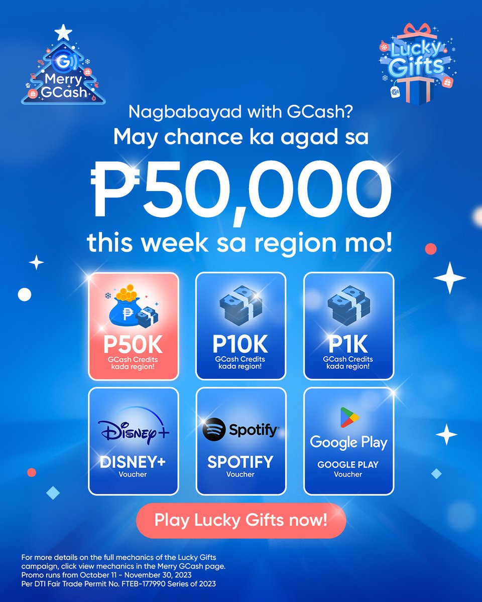 Nakarami na ng GCash transactions this week? 👀  Marami ka na ring entries sa #GCashLuckyGifts! 

Get a chance to win up to P50,000 GCash this week in your region when you play #LuckyGifts now!  

#MerryGCash2023 #KayaMo #iGCashMo