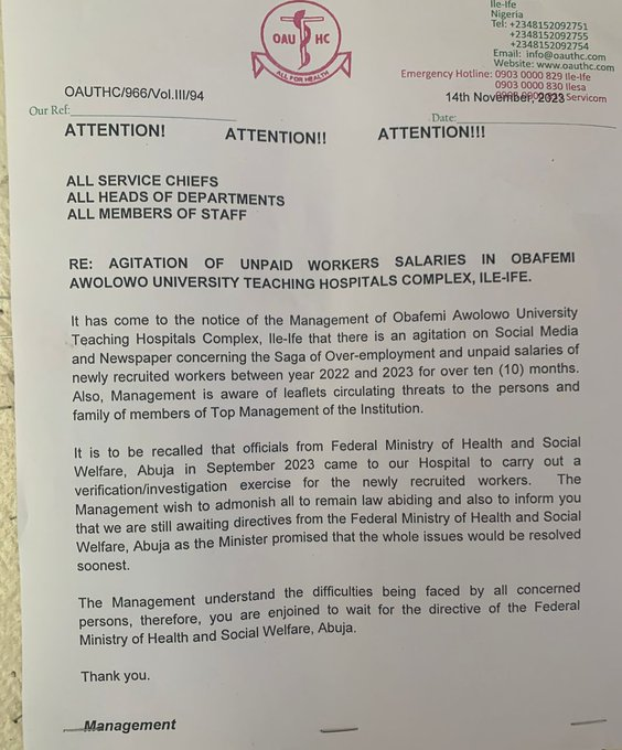 TheGreatestIFE's tweet photo. Release from the management of Obafemi Awolowo University Teaching Hospitals Complex (OAUTHC),Ile-Ife, Osun State. https://t.co/Her9p4WipM