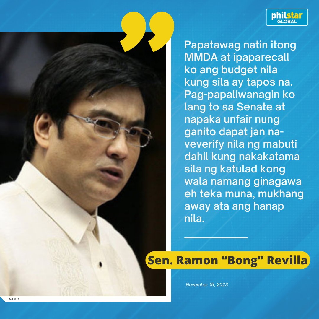 PhilstarNews's tweet photo. 'SA SENATE NA KAMI MAG-UUSAP'

Sen. Ramon 'Bong' Revilla in an interview expressed his dismay on the alleged traffic violation along the EDSA carousel busway.

He said that he plans on recalling the budget for MMDA for the unfair allegations MMDA Task Force Special Operations Unit Head Col. Bong Nebrija said in a statement.

MMDA reported Wednesday morning that Sen. Revilla was apprehended for using the EDSA carousel busway for personal use. The senator, however, has denied the accusations and MMDA Col. Bong Nebrija has since apologized to the senator.