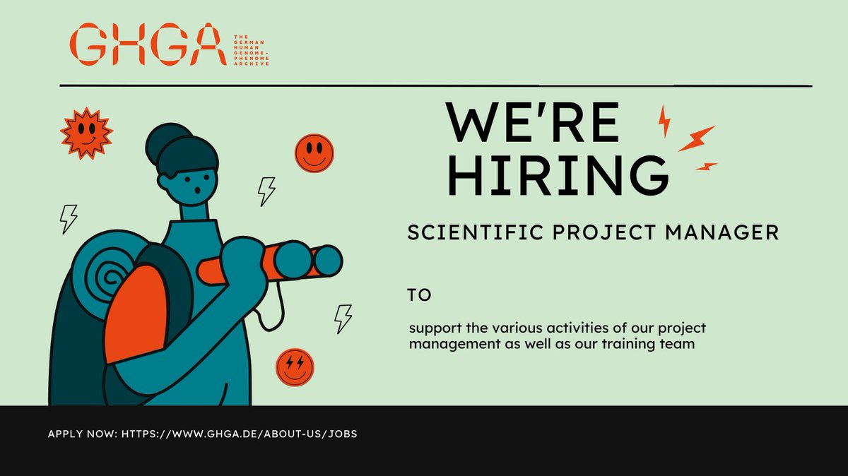 The German Human Genome-Phenome Archive (@ghga_de) on Twitter photo Become part of the #GHGAsquad at <a href="/uni_tue/">Universität Tübingen</a>!
We are looking for a scientific project manager at our data hub in Tübingen, supporting our central project management team and training efforts!
More at ghga.de/about-us/jobs Become part of the #GHGAsquad at <a href="/uni_tue/">Universität Tübingen</a>!
We are looking for a scientific project manager at our data hub in Tübingen, supporting our central project management team and training efforts!
More at ghga.de/about-us/jobs