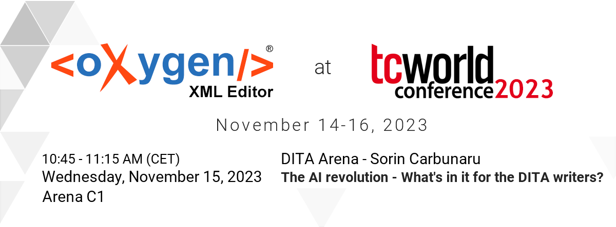 oxygenxml's tweet photo. 🎙 At 𝟭𝟬:𝟰𝟱 𝗔𝗠, the DITA Arena stage of #TCWORLD 2023 will host Sorin Carbunaru and his presentation: "𝗧𝗵𝗲 𝗔𝗜 𝗿𝗲𝘃𝗼𝗹𝘂𝘁𝗶𝗼𝗻 - 𝗪𝗵𝗮𝘁'𝘀 𝗶𝗻 𝗶𝘁 𝗳𝗼𝗿 𝘁𝗵𝗲 𝗗𝗜𝗧𝗔 𝘄𝗿𝗶𝘁𝗲𝗿𝘀?".
https://t.co/xL3ZYxEXSo https://t.co/qERPrsqHcz