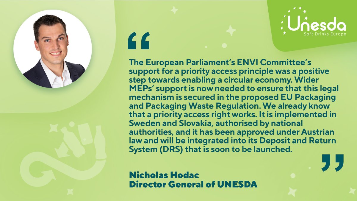 UNESDA's tweet photo. 📣Together with @NMWE_Europe, we are asking MEPs to secure a priority access principle to recyclates in the 🇪🇺#PPWR, ahead of next week's plenary vote.
🔎Our joint statement with quotes from #DRS countries with priority access in place
👉https://t.co/6swgE1SN33
#ClosingTheLoop https://t.co/URY6vbGfq3