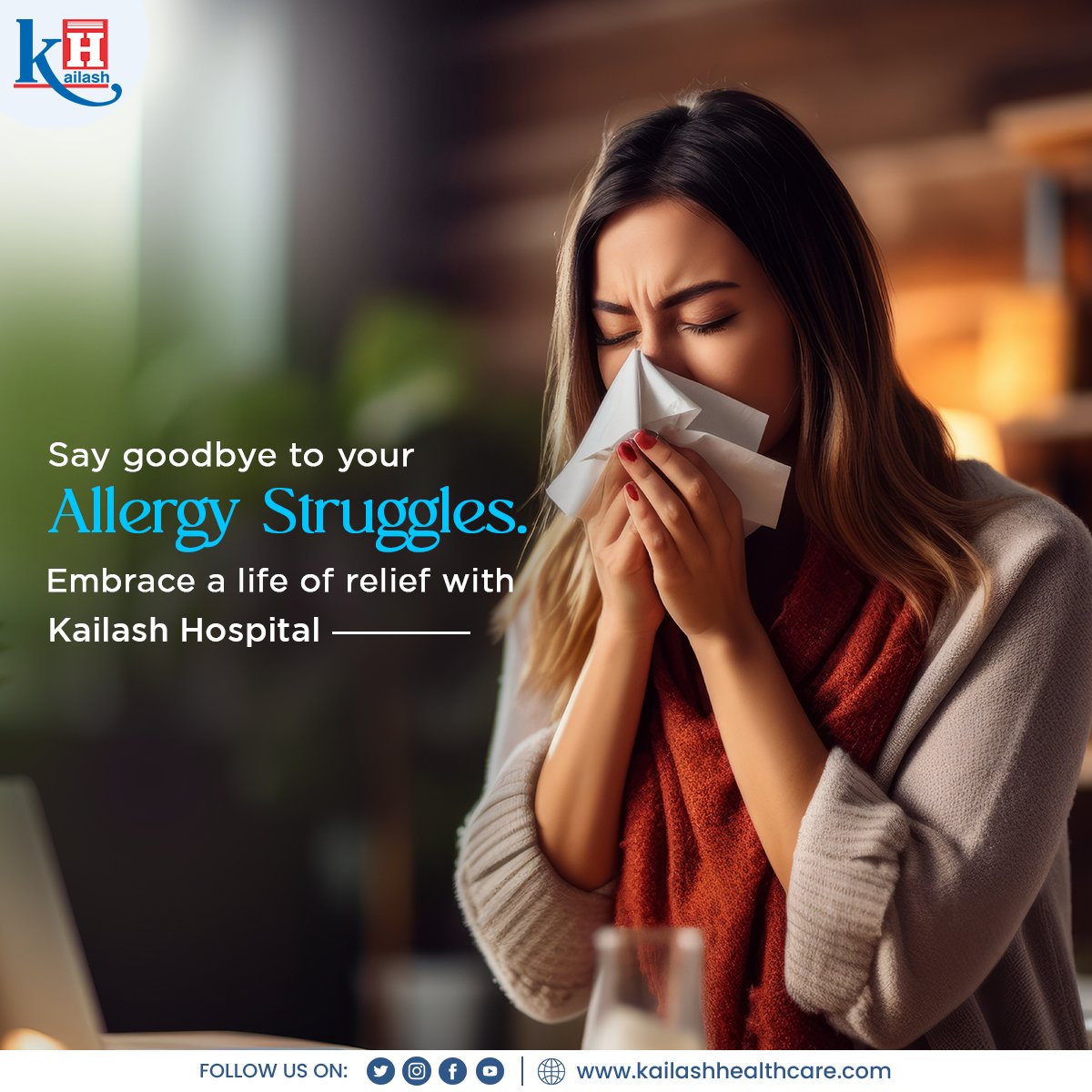 Time to bid farewell to allergy struggles! 
Embrace a life of freedom from sneezes and sniffles. Whether it's dust, pollen, or pet dander, take charge of your well-being. 

Consult our Pulmonologists: kailashhealthcare.com

#allergy #AllergyFree #coughtcold #flu