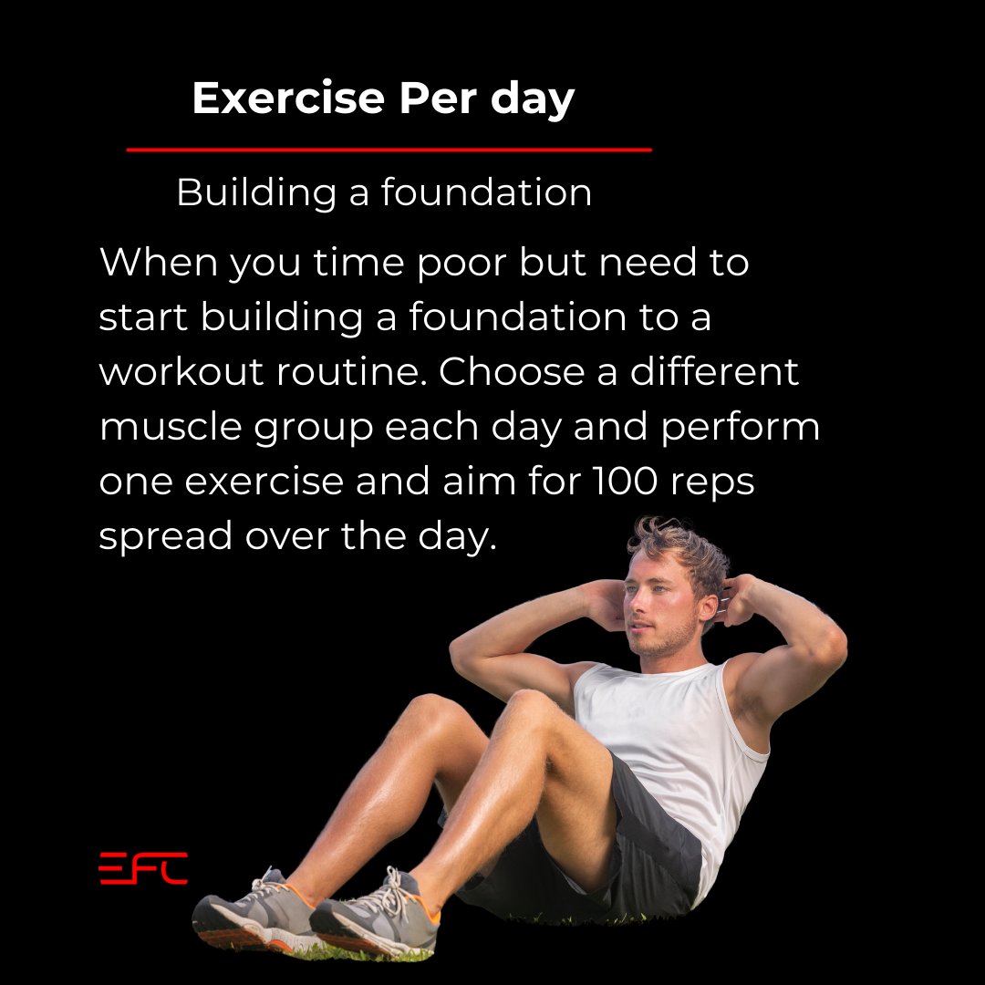 ExecFitClub's tweet photo. Single exercise per day: 

Building a foundation

Time poor but you need to start building a foundation to a workout routine. Choose a different muscle group each day, perform one exercise and aim for 100 reps spread over the day. 

#lifetimeperformance #efc #healthylifestyle https://t.co/vVAZOnH7Bj
