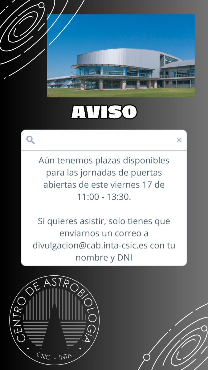 C_Astrobiologia's tweet photo. Atentos, amantes de la Astrobiología, aún  nos quedan plazas libres para las jornadas de puertas abiertas con  motivo de la semana de la ciencia. ✨ 

Más información en la imagen.
Correo: divulgacion@cab.inta-csic.es https://t.co/QIPkCRx1og