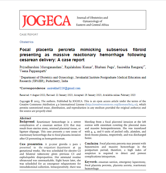 jogecajournal's tweet photo. Focal placenta percreta mimicking subserous fibroid presenting as massive reactionary hemorrhage following cesarean delivery: A case report by Drs. Priyadharshini Muruganandam, R. Kumar, B. Pegu, S. Rengaraj, and V. Pappampatti
> https://t.co/YNckexkjrD
#JOGECA #OBSTETRICS https://t.co/zdkDlqloZC