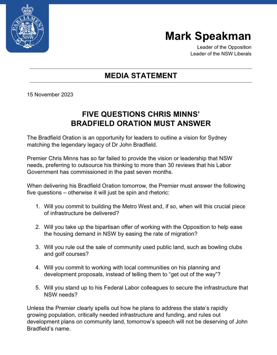 Premier @ChrisMinnsMP must answer five questions in his Bradfield Oration tomorrow.