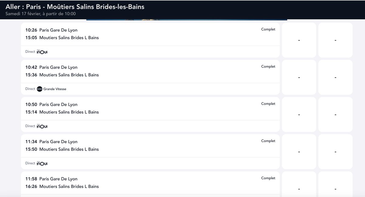 Sympa <a href="/SNCFConnect/">SNCF Connect</a> la disponibilité pour les trains cet hiver... ouverture à 6h, tentative depuis 7h30 et tous les trains complets entre Paris et Moutiers à l'aller ou non réservable au retour...  WTF?!?!