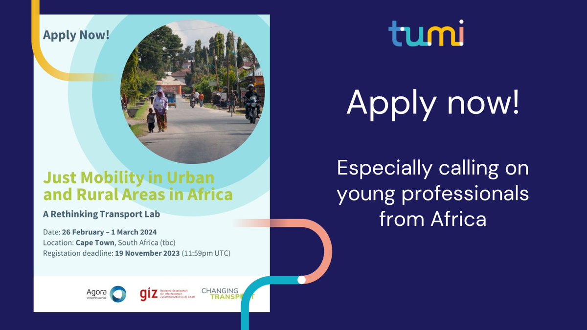 TUMInitiative's tweet photo. 📢Calling on young professionals from Africa to apply!
#RethinkingTransport Lab on #JustMobility in Urban and Rural Areas in Africa.
📅 26 February – 1 March 2024
📍 Cape Town, South Africa (tbc)
Apply here: https://t.co/lv08BKMoO0 until: 19 November 2023 (11:59 UTC) https://t.co/rJsRQqJpC9