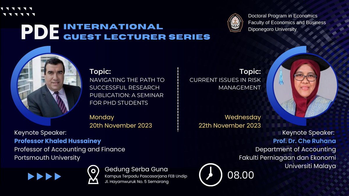 PdieUndip's tweet photo. PDE International Guest Lecturer Series
Date : 20th &amp; 22th November 2023
Time : 08. 00
Place : Gedung Serba Guna – Kampus Terpadu Pascasarjana FEB Undip
Jl. Hayamwuruk No. 5 Semarang https://t.co/yhiqoCWxPn