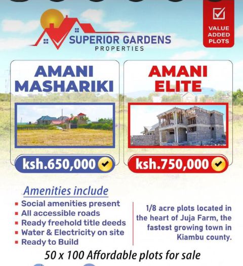 @patiarohoamani
@SUPERIORGARDEN3 
@MainaAndMwalimu 
@pinkladies
@Martinchoks 
We have affordable plots located in the heart of Juja farm, the fastest growing town in Kiambu county. Get in touch ,let's talk.