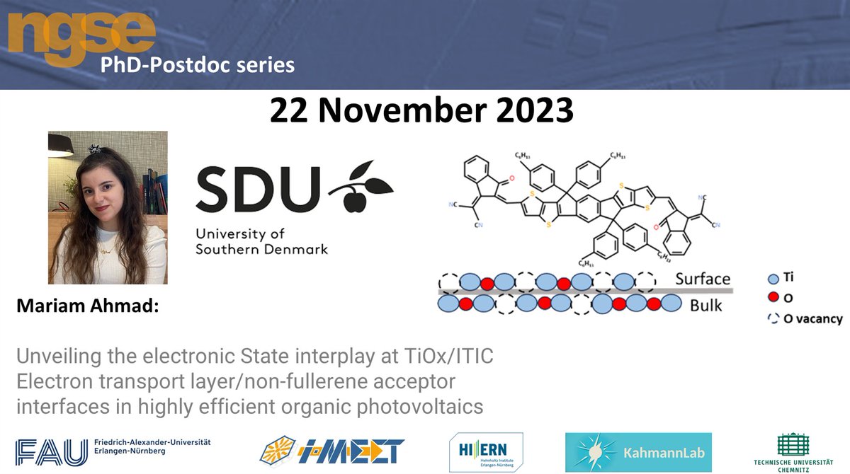 VMLC_PV's tweet photo. 🔍 Exciting insights await at Mariam's talk on "Unveiling the electronic state interplay at TiOx/ITIC interfaces in organic photovoltaics!" 
Don't miss the chance to unravel the secrets behind stable ETLs for #OPV. 
Register now! 🌞 
https://t.co/d9GhoM624I
#SolarTech #PVResearch https://t.co/q4vP4uaAlR
