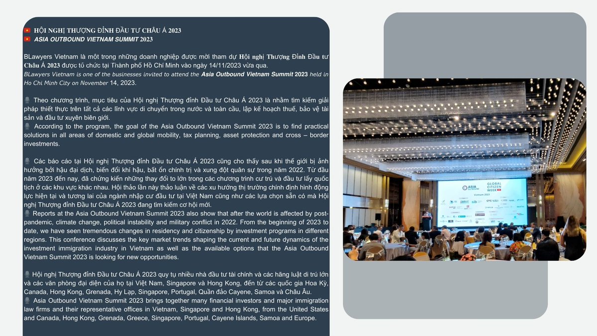 🇻🇳 Asia Outbound Vietnam Summit 2023

#BLawyersVietnam is one of the businesses invited to attend the Asia Outbound Vietnam Summit 2023 held in Ho Chi Minh City on November 14, 2023.

#AsiaOutboundSummit #globalcitizenweek #SaigonSummit #AsiaOutboundVietnam #OutboundInvestment