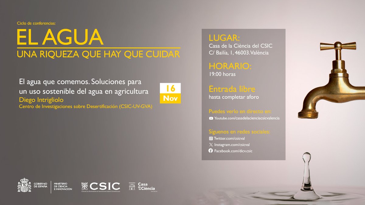 La Casa de la Ciència del <a href="/CSIC/">CSIC</a> en València te invita a la segunda conferencia del ciclo "El #agua, una riqueza que hay que cuidar". La charla será impartida por Diego Intrigliolo (<a href="/CidEinvestiga/">CIDEinvestiga</a>) mañana jueves, a las 19 horas.

delegacion.comunitatvalenciana.csic.es/evento/confere…