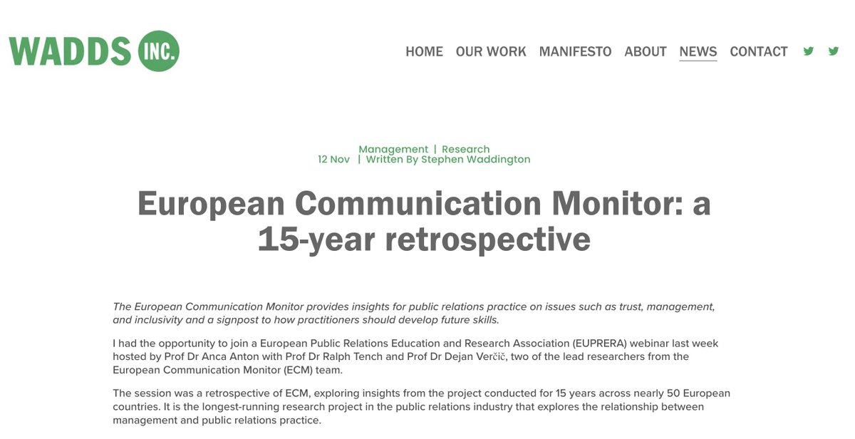 EUPRERA (@euprera) on Twitter photo Would you like an effective summary of our latest #webinar of the latest trends and insights emerging from the #EuropeanCommunicationMonitor 2023?
Check it out here ➡ wadds.co.uk/blog/2023/11/1…
And go to our YouTube channel and watch all our #EUPRERAtalks!
#ECM2023 <a href="/wadds/">Stephen Waddington</a> Would you like an effective summary of our latest #webinar of the latest trends and insights emerging from the #EuropeanCommunicationMonitor 2023?
Check it out here ➡ wadds.co.uk/blog/2023/11/1…
And go to our YouTube channel and watch all our #EUPRERAtalks!
#ECM2023 <a href="/wadds/">Stephen Waddington</a>