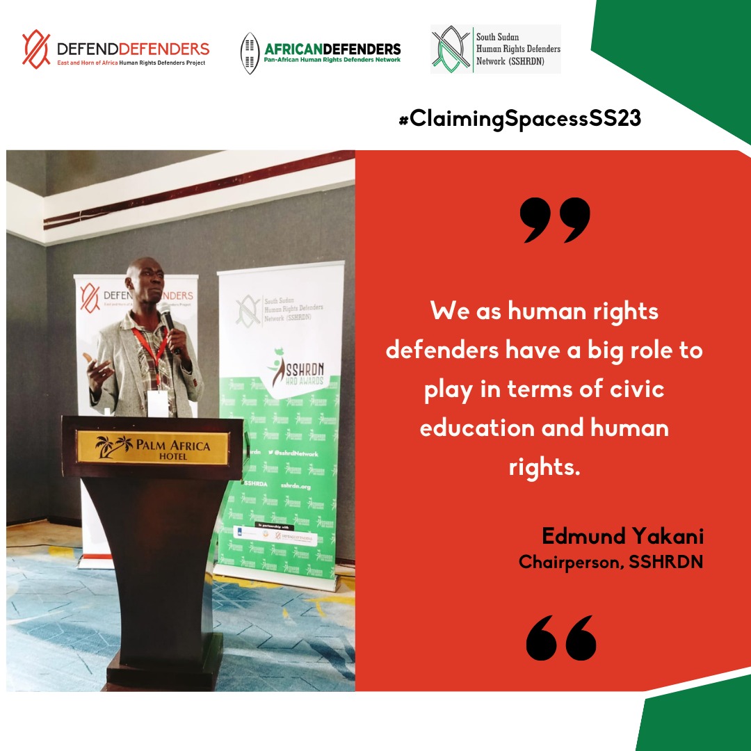 DefendDefenders's tweet photo. Edmund Yakani, Chairperson of the SSHRDN, says we cannot get democracy in #SouthSudan through UN or African Union resolutions; we need to take ownership &amp; hold our leaders accountable. 

#ClaimingSpacesSS23 #ClaimingSpaces #HRDs https://t.co/uLewsCKGeR
