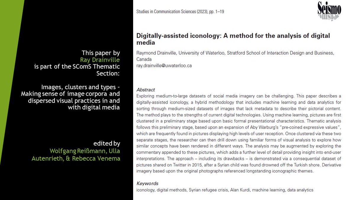 How might we augment qualitative analyses of large datasets of imagery? 🔎 <a href="/ardes_ray/">Ray Drainville</a> demonstrates an effective use of #artificialintelligence in an iconological analysis of image clusters representing #AlanKurdi.

👉Online first: doi.org/10.24434/j.sco…