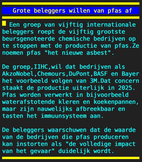 Teletekst's tweet photo. Grote beleggers willen van pfas af https://t.co/W4ALVpoUXk