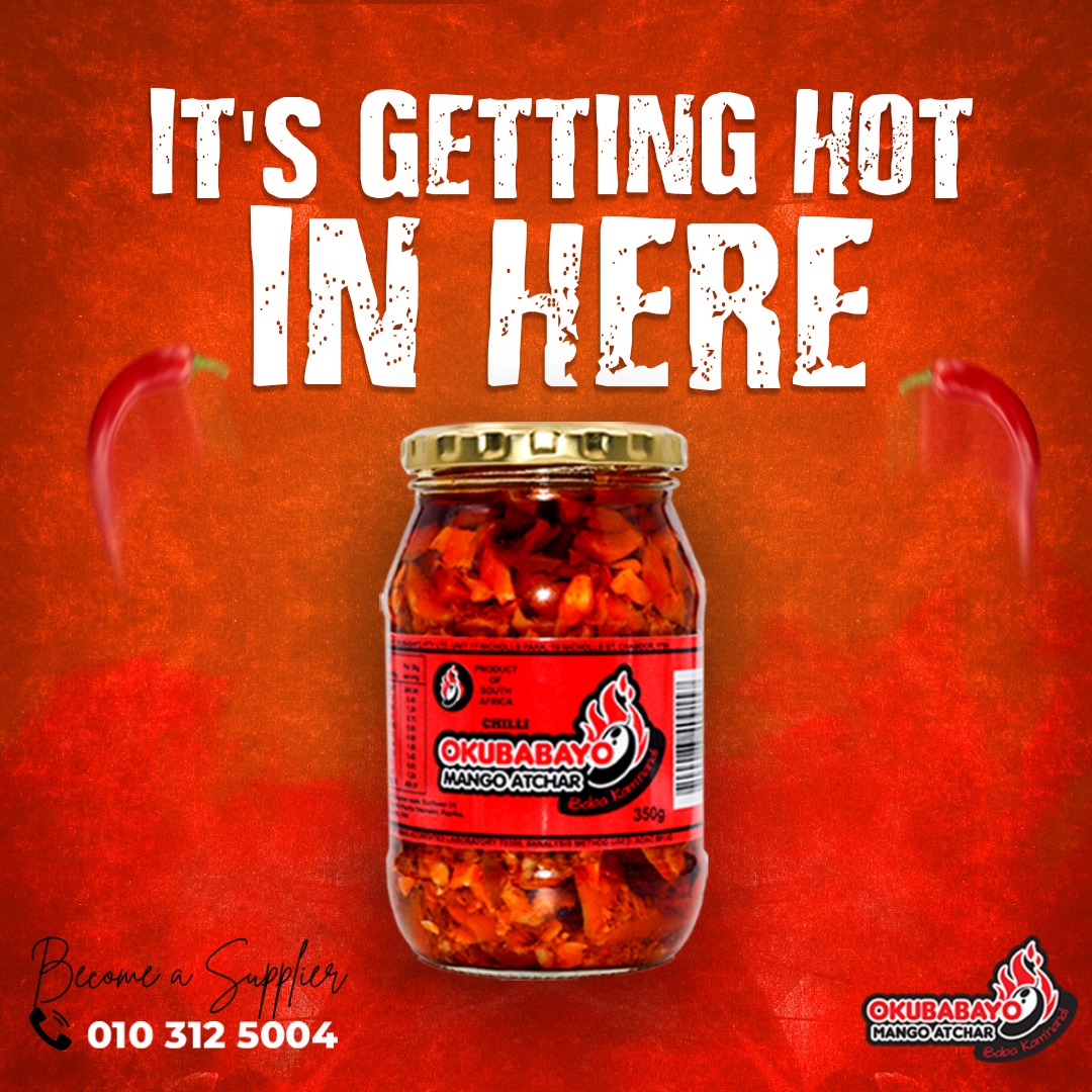 okubabayo's tweet photo. Turn up the heat with Okubabayo mango Chilli Atchar!
☎️: +27 10 312 5004
📧: info@okubabayo.co.za
🌎: https://t.co/bbM4jzQUHI
📍: Unit 17 Nicholls Park, 19 Nicholls Street, Chamdor, South Africa, 1754
🇿🇦Proudly South African
#SouthAfrica #Mango #achar #spicyfood #originalflavour https://t.co/updGSYavzp