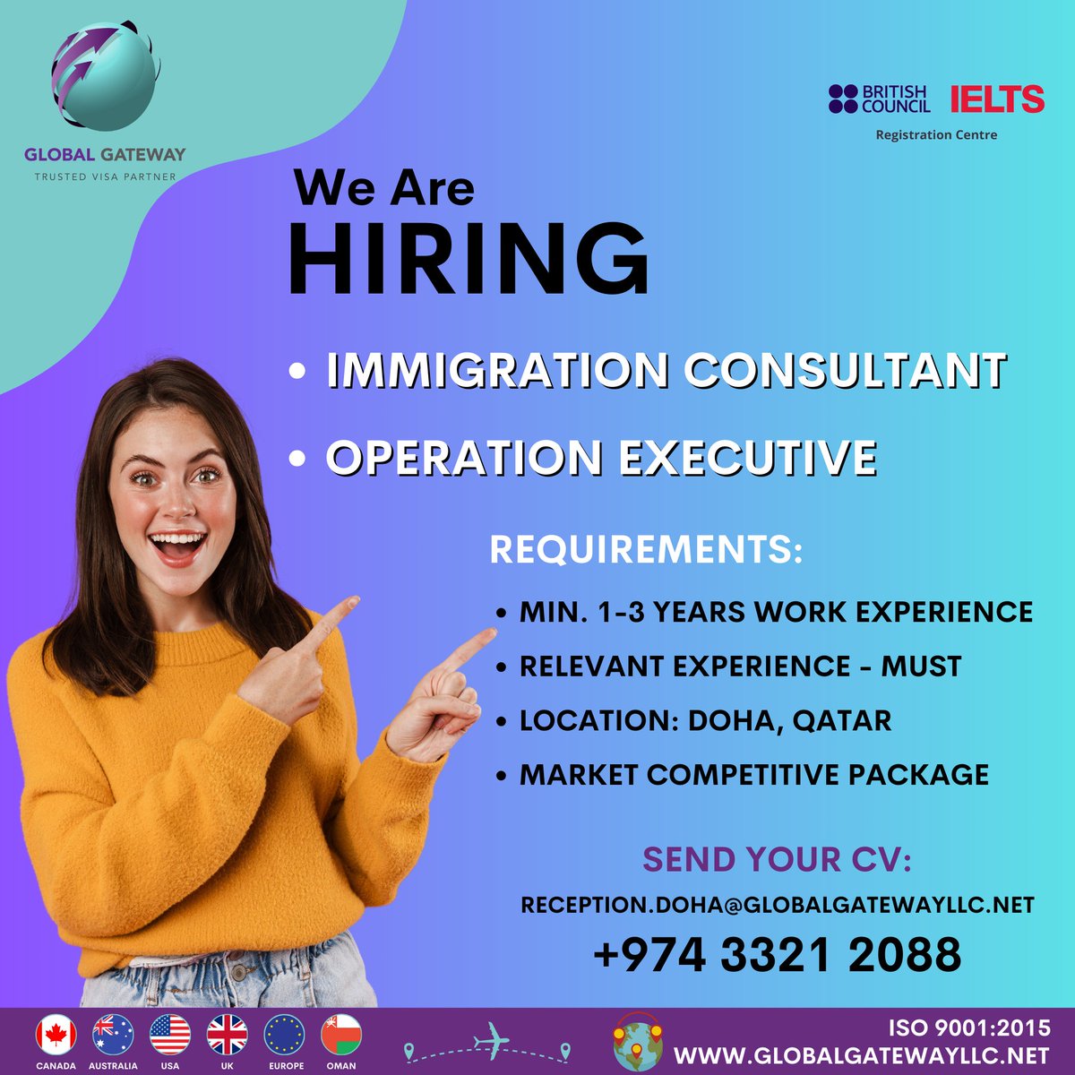 We're hiring Immigration Consultants and Operation Executives for our Doha office. 🇶🇦🌟

 #greneda #tech #Ontario #Healthcare #GlobalGateway #QatarOpportunity #HiringNow #ImmigrationConsultant #OperationExecutive