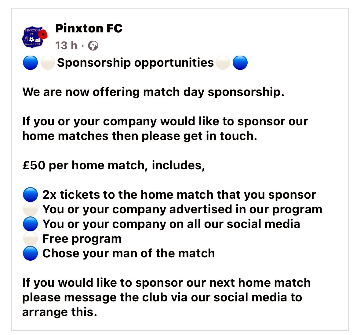 pinxtonfc1's tweet image. 🔵⚪️ We have some sponsorship opportunities at Pinxton FC - please send a DM if interested 
#pfc💙