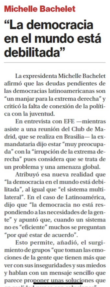 CesarFaundez's tweet photo. Buen día, ayer una excelente Nota de Prensa de la Presidenta @mbachelet en la @La_Segunda sobre la democracia cómo se ha ido debilitando en el mundo! https://t.co/kKWeouX761