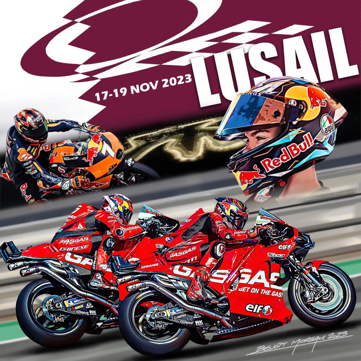 Tech3Racing's tweet image. It is show time in Qatar under the light spots of the #LusailInternationalCircuit 💡🇶🇦

Welcome to the penultimate round of 2023 as a new race week is upon us 😍

🎨 @BMoreauDessins 

#GASGASFactoryRacingTech3 #RedBulmKTMTech3 #MotoGP #Moto3 #QatarGP