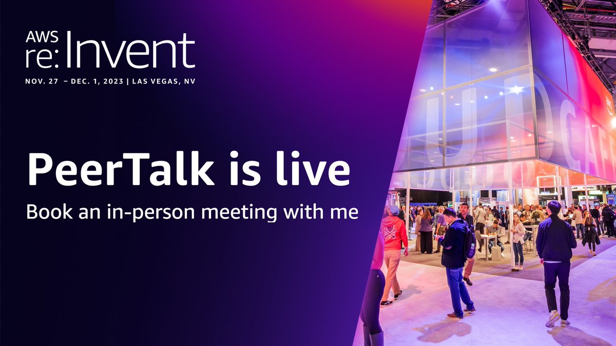 Do you want to chat with me about SaaS, DevOps, or AWS CDK at re:Invent? Schedule a meeting using PeerTalk! 🤝

My PeerTalk profile and availability (you'll need to login): reinvent.awsevents.com/learn/peertalk…

#reinvent2023 #PeerTalk