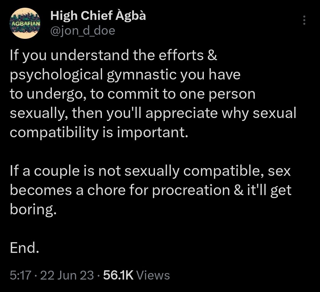 jon_d_doe's tweet photo. I wrote this thread almost 2 years ago.

I'll need you all to search my TL with "sexual compatibility".

You'll see how many times I've taught intending couples on the importance.

Please read this again and a few others I said later.

I'll share a DM from a married man, next. 👇 https://t.co/VmQY4NQmNO