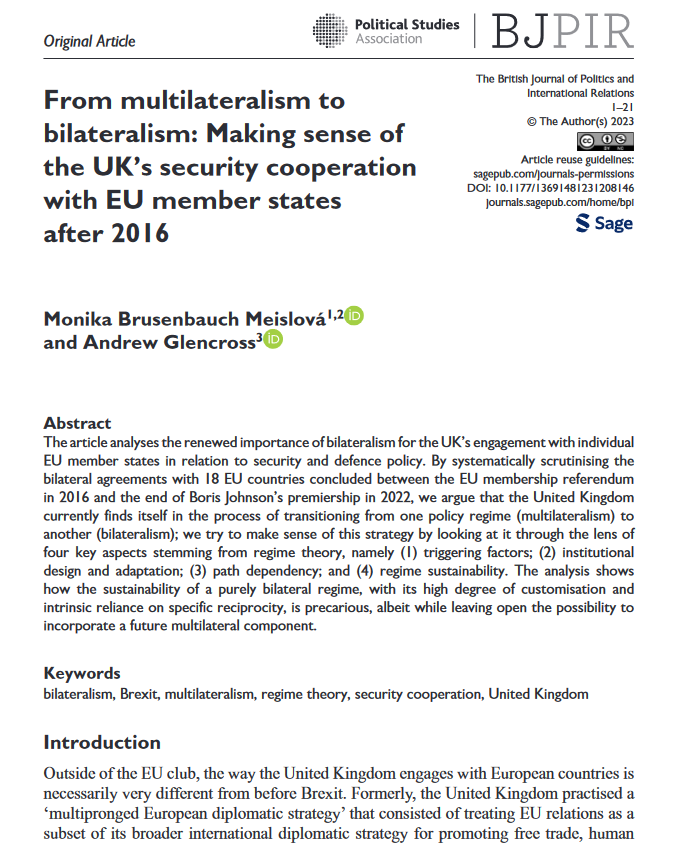 MonikaMeislova's tweet photo. Very happy to share that our article with my fantastic co-author @A_Glencross on #bilateralism and the UK’s #security cooperation with EU member states is now published in @BritJPIR (@SageJournals). 🇬🇧🇪🇺

And it is open access!
https://t.co/E9f1BW4Qrg

A short 🧵 below.

1/5 https://t.co/sHBNMWRQ4a