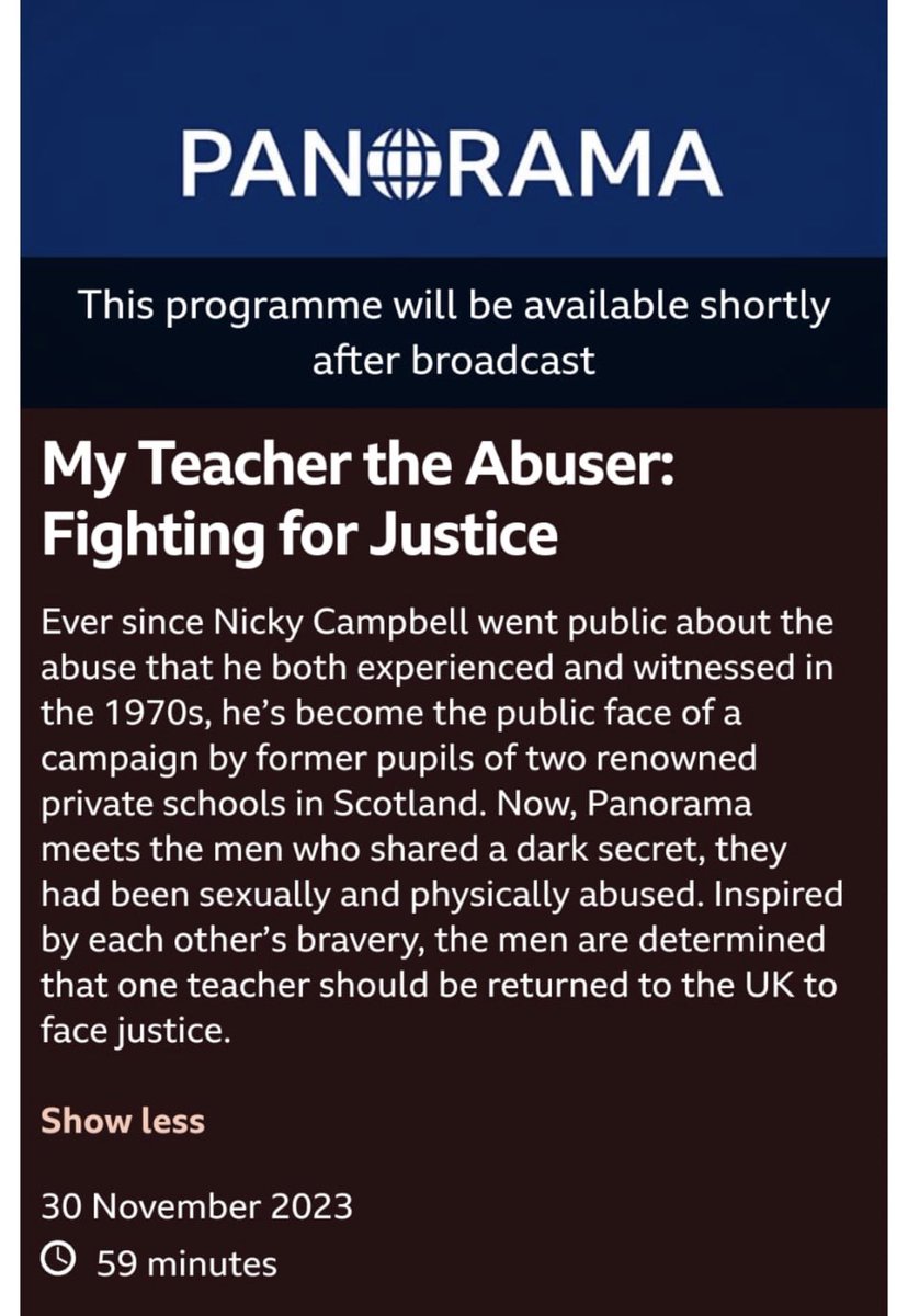 Nicky Campbell (@nickyaacampbell) on Twitter photo Thank you to <a href="/BBCPanorama/">BBC Panorama</a> for telling our story. And the story of a man now in his mid-eighties evading justice. And thank you to the brave men who helped them tell it. You are incredible. #survivors Coming soon. Thank you to <a href="/BBCPanorama/">BBC Panorama</a> for telling our story. And the story of a man now in his mid-eighties evading justice. And thank you to the brave men who helped them tell it. You are incredible. #survivors Coming soon.