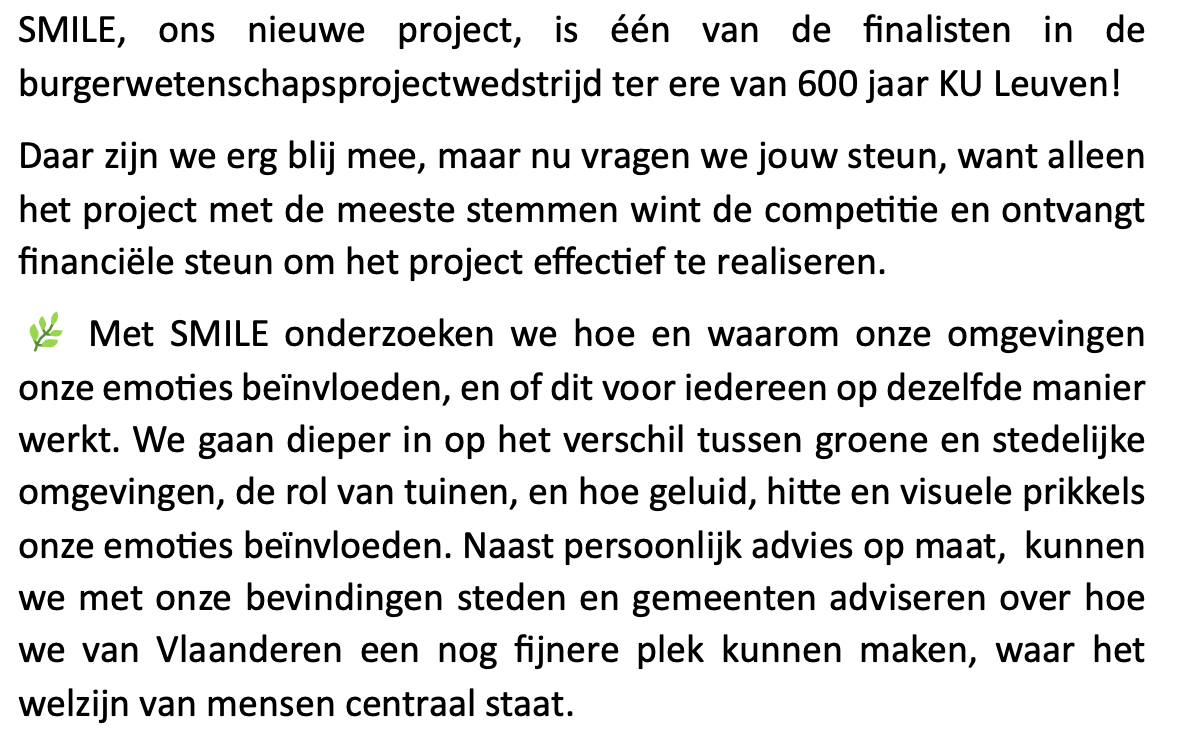 raziraes's tweet photo. 📣We willen onderzoeken hoe onze omgeving ons gemoed bepaalt.
Ons #citizenscience SMILE project is 1 van de 3 finalisten. Enkel het project met de meeste stemmen mag uitgevoerd worden.

Stem hier op SMILE:
https://t.co/sFEWWd2l0Z
Meer info over SMILE: https://t.co/WVFhib3qJ8 https://t.co/cp07fvIURP