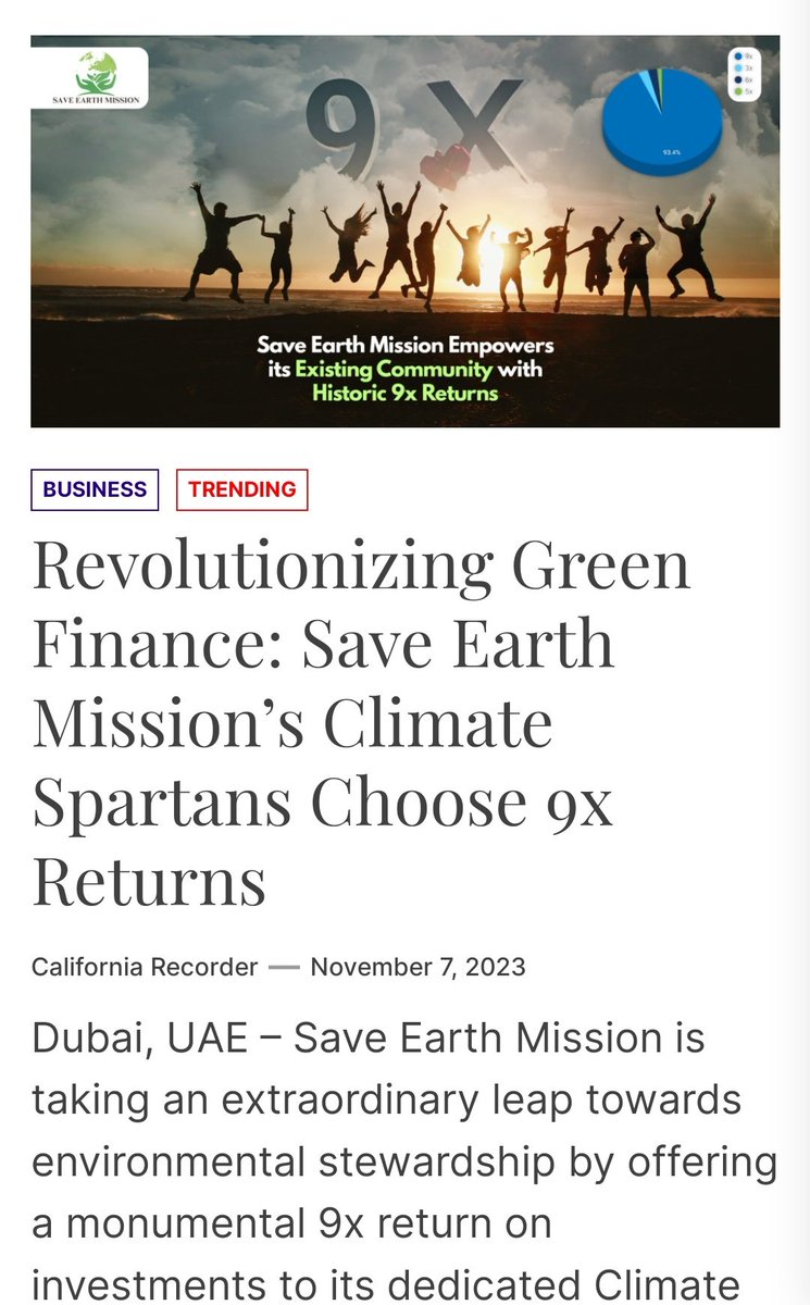 "Revolutionizing Green Finance: Save Earth Mission’s Climate Spartans Choose 9x Returns" 🔥🔥🔥

californiarecorder.com/revolutionizin…