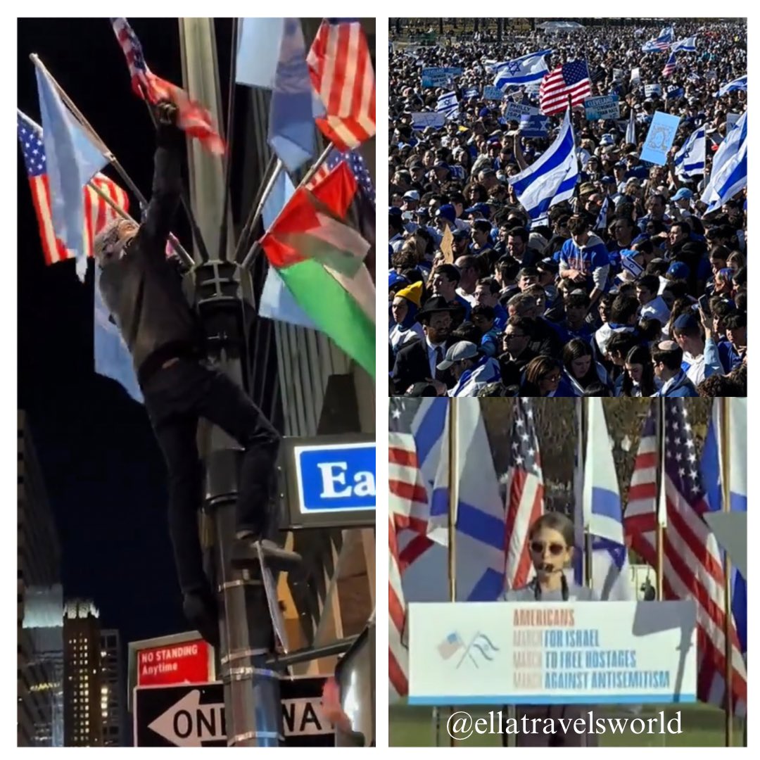 Couldn't help but notice, 
In pro-Palestinian protests
people tear down the American flag,

In pro-Israeli protests they raise
the American flag high.

Goes to show a lot about true shared values and who aims to disrupt them.

#TheWestlsNext