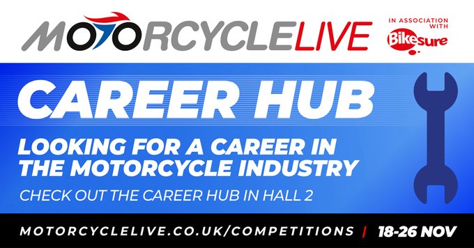 Looking for a career in the motorcycle industry?

Then don't miss the Career Hub in Hall 2, you can check out the latest #apprenticeships and talk to the @BikeJobs_uk Team about their vacancies.

#careers #motorcyleindustry #motorcyclelive