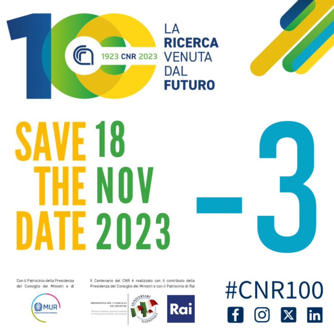 CNR Consiglio Nazionale delle Ricerche (@cnrsocial_) on Twitter photo 💯#CNR100
📌#savethedate 👉 #18novembre2023
➖3⃣ giorni ai #100anni del #Cnr
A breve tutti i dettagli sulla cerimonia per la celebrazione del #centenarioCNR
❗️#stayconnected
centenario.cnr.it
<a href="/MC_Carro/">MariaChiara Carrozza</a> <a href="/mur_gov_/">Ministero dell'Università e della Ricerca</a> <a href="/anniversaritaly/">Presidenza del Consiglio - Anniversari nazionali</a> 💯#CNR100
📌#savethedate 👉 #18novembre2023
➖3⃣ giorni ai #100anni del #Cnr
A breve tutti i dettagli sulla cerimonia per la celebrazione del #centenarioCNR
❗️#stayconnected
centenario.cnr.it
<a href="/MC_Carro/">MariaChiara Carrozza</a> <a href="/mur_gov_/">Ministero dell'Università e della Ricerca</a> <a href="/anniversaritaly/">Presidenza del Consiglio - Anniversari nazionali</a>