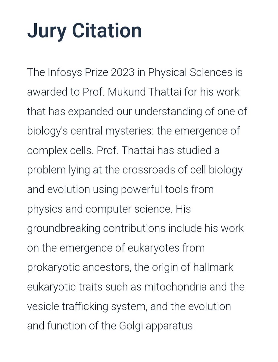 🎊 Hearty congratulations to Prof. Mukund Thattai (@thattai) for winning the Infosys Prize 2023 in Physical Sciences! ✨ Find out more about his journey and read the award citations from today's @InfosysPrize ceremony below 👇🏽