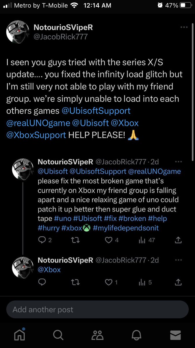 JacobRick777's tweet photo. 3rd try of trying to make them fix uno @UbisoftSupport @realUNOgame @Ubisoft @Xbox @XboxSupport https://t.co/l1db5IFGGA