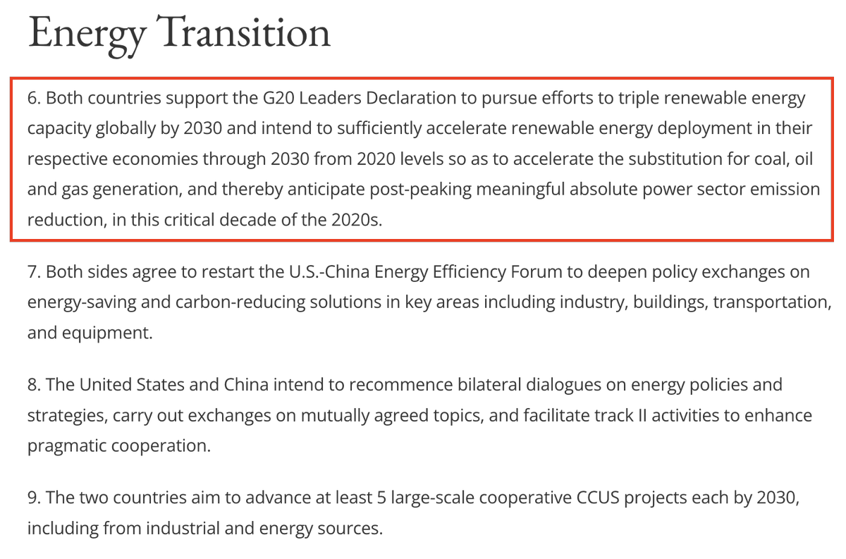 🇨🇳🇺🇸US-China climate statement Some key highlights: 🌄backs goal to triple renewables by 2030 🏭links it to power sector CO2 cuts this decade 🏬mentions efficiency but not goal of doubling rate 🏗️agrees to 'advance' 5x large CCS each by 2030 1/4