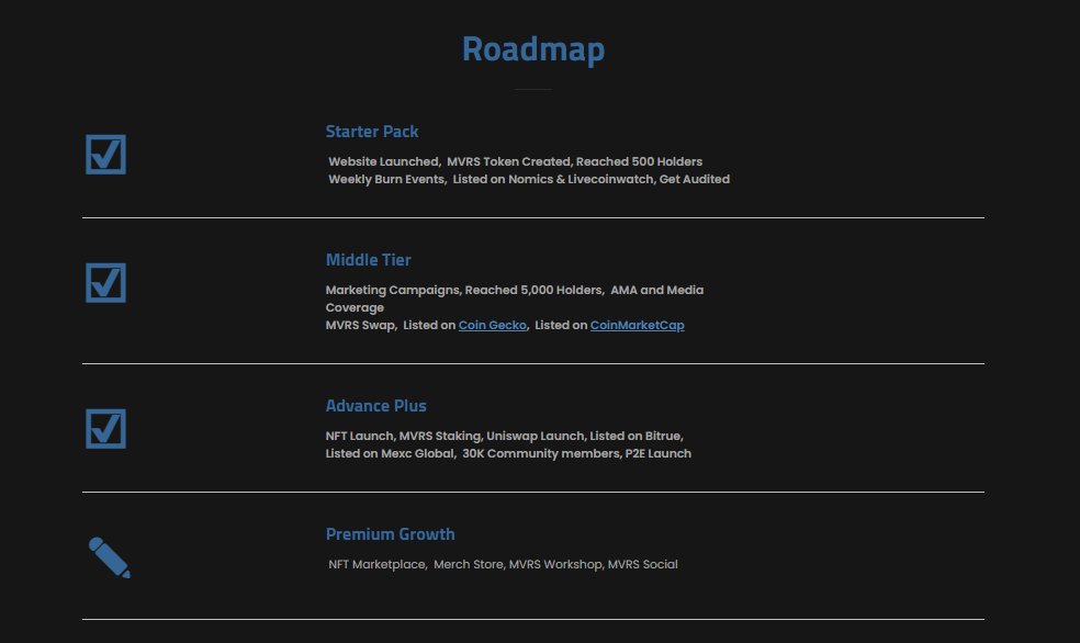 Meta MVRS RoadMap: 

🔹t.me/mvrstokencommu…
🔹MVRStoken.org 

#cryptocurrency #cryptotrading #Crypto #Metaverse #MetaverseNFT #NFTs #NFTCommunity #x100Gems