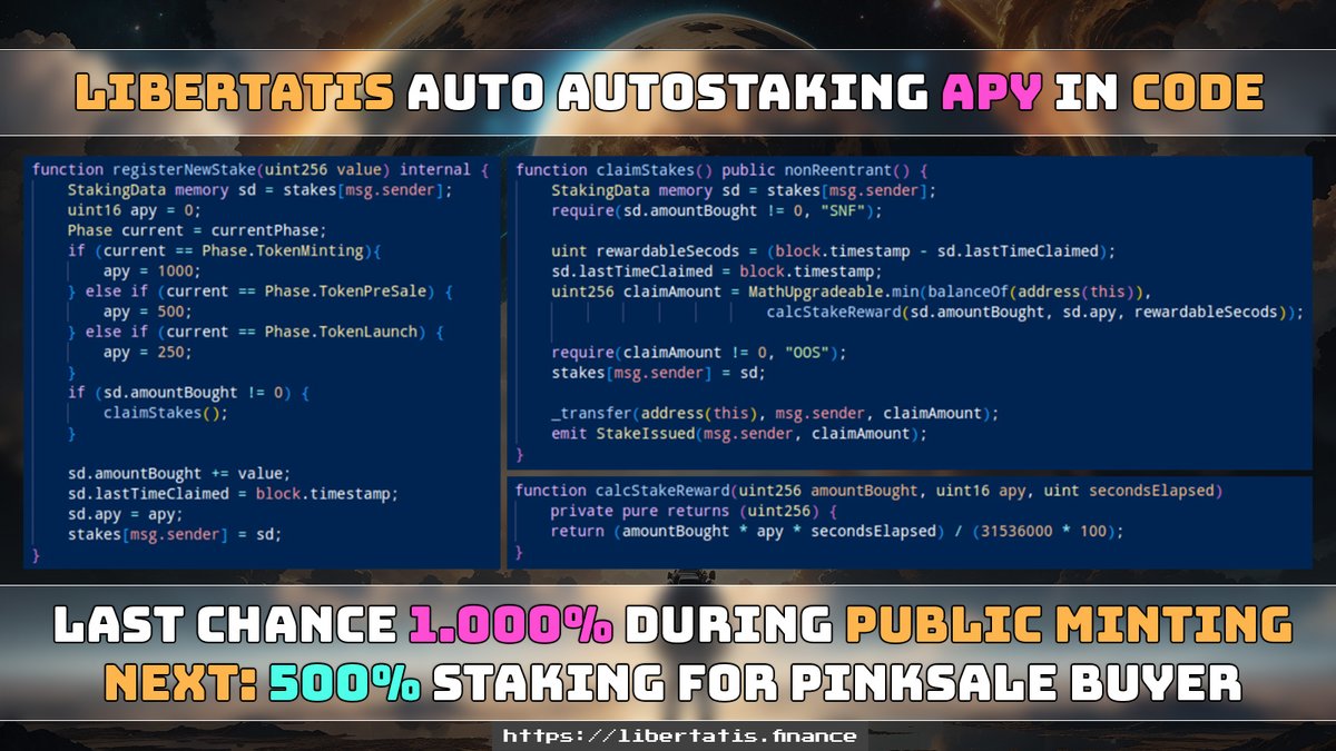 libertatisC's tweet photo. #Libertatis! Because you get 1,000% auto staking if you mint now before the pinksale