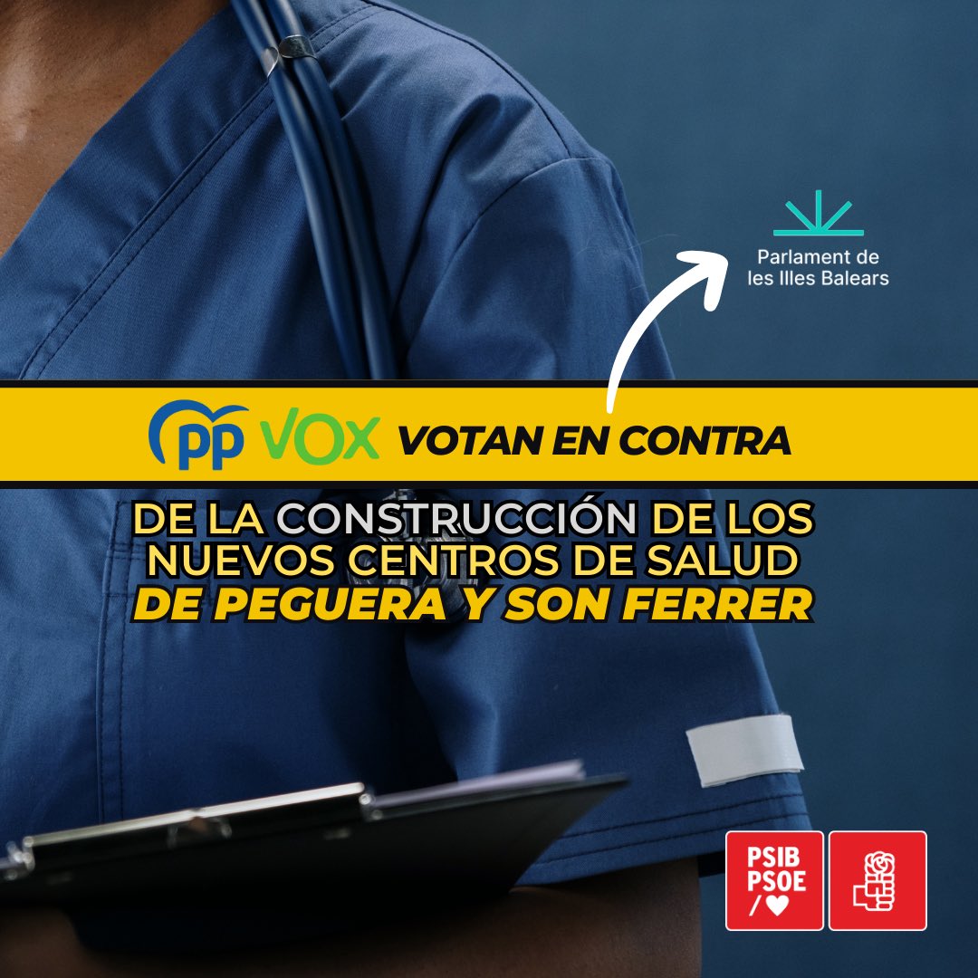 PSOE_CALVIA's tweet photo. ⚠️ Esperamos que PP y VOX en Calvià exijan al Govern la construcción de los nuevos centros de salud de Peguera y Son Ferrer.

#DefenderCalvià https://t.co/O7tOnbypRz